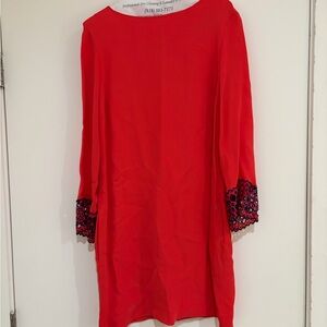 Sandro Red Dress with Navy Lace Sleeves